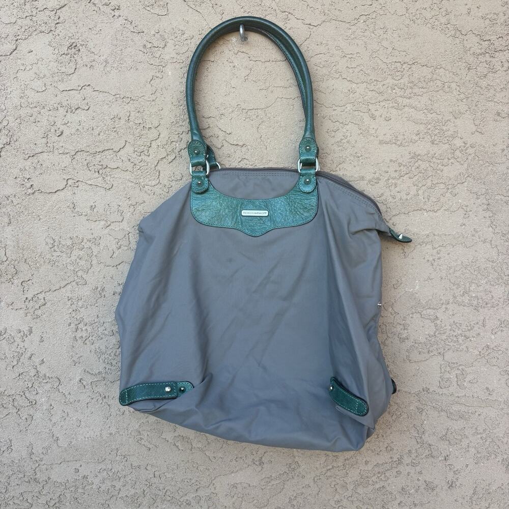 Rebecca Minkoff Canvas Bad Studded Teal Accent Purse Handbag Tote FLAW